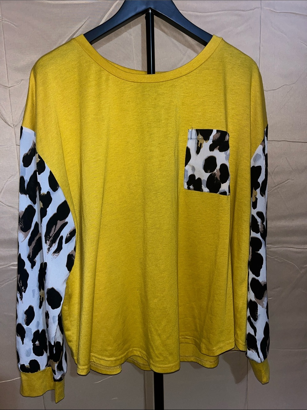 SHEIN Mustard Yellow Long-Sleeve Tee with Leopard Print Sleeves